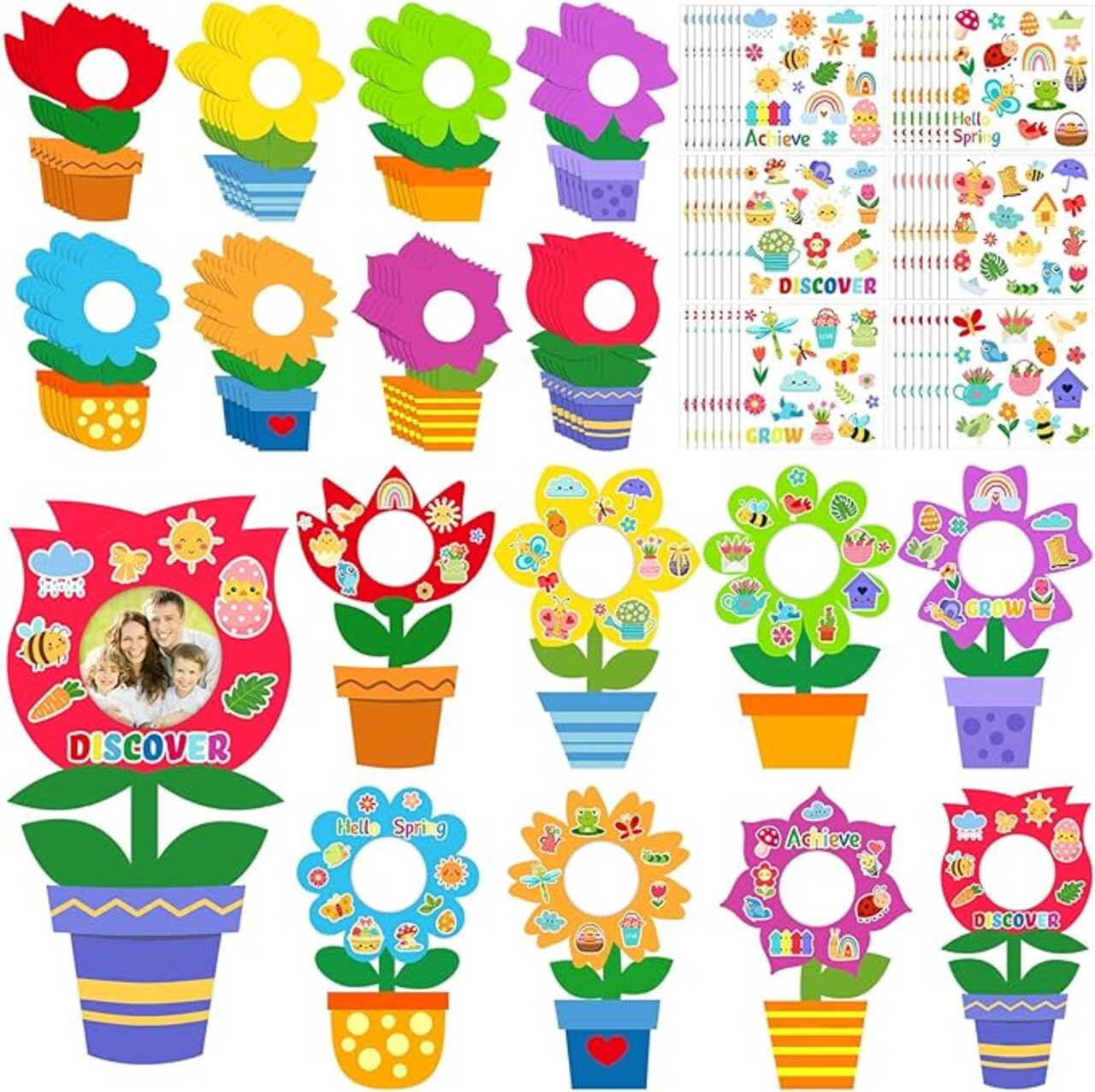 96-Piece Spring DIY Picture Frame Craft Kit – Handprint Flower Pot Keepsake Frames with Stickers for Kids’ Crafts, Spring Party, Home Activities, and Gift-Making